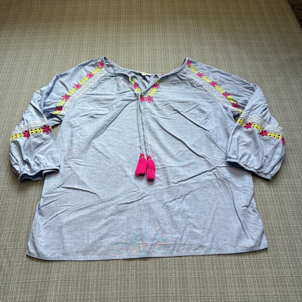 Boho Embroidered Peasant Top Medium Cottagecore Balloon Sleeve Tassel Talbots